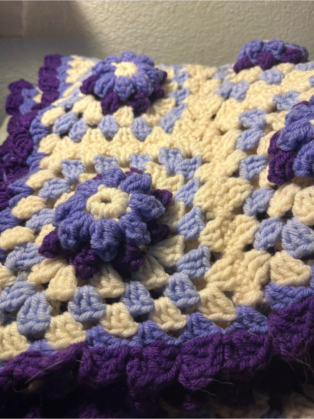 Vintage Crochet Purple 3D Rose Afghan Granny Square 70x85